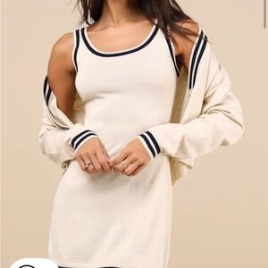 Cream Sleeveless Dress with navy Trim